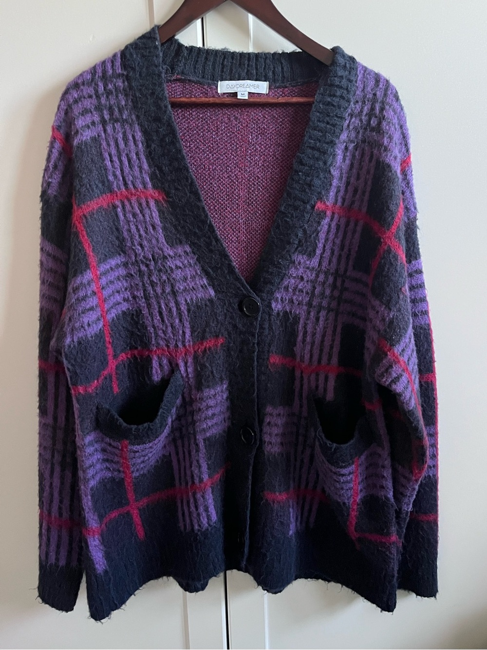 Daydreamer LA Purple Plaid Oversized Cardigan Wool Mohair Blend Size M